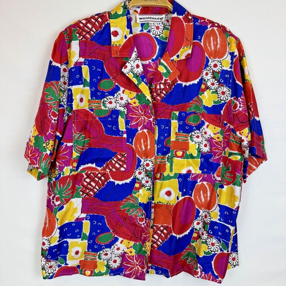 Vtg Top 12 90's Blouse Colorful Bright Loud Floral Silky Festival Artsy Funky